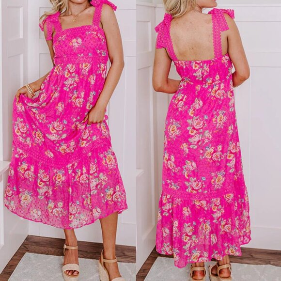 Anthropologie By The River Floral Tie Strap Tiered Midi Dress Size Small Pink - Picture 1 of 15